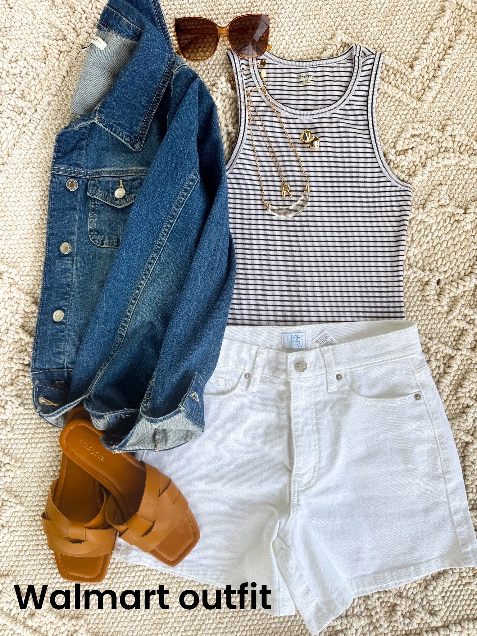 The easiest everyday outfit you’ll wear on repeat 🙌🏼
This striped tank + white denim shorts combo is giving effortless, elevated basics…and everything is on Walmart 🤍 The fit is SO good (not see-through 👏🏼) and the layering with this classic denim jacket makes it perfect for cooler mornings or errands. Finished it off with neutral slides + gold jewelry for that clean, put-together look.

#walmartfashion #walmartfinds #summeroutfits #casualstyle #everydayoutfit #affordablefashion #denimstyle #whitejeans #momstyle #ltkstyle #outfitinspo

#LTKmomlife #LTKootd #LTKPetite
