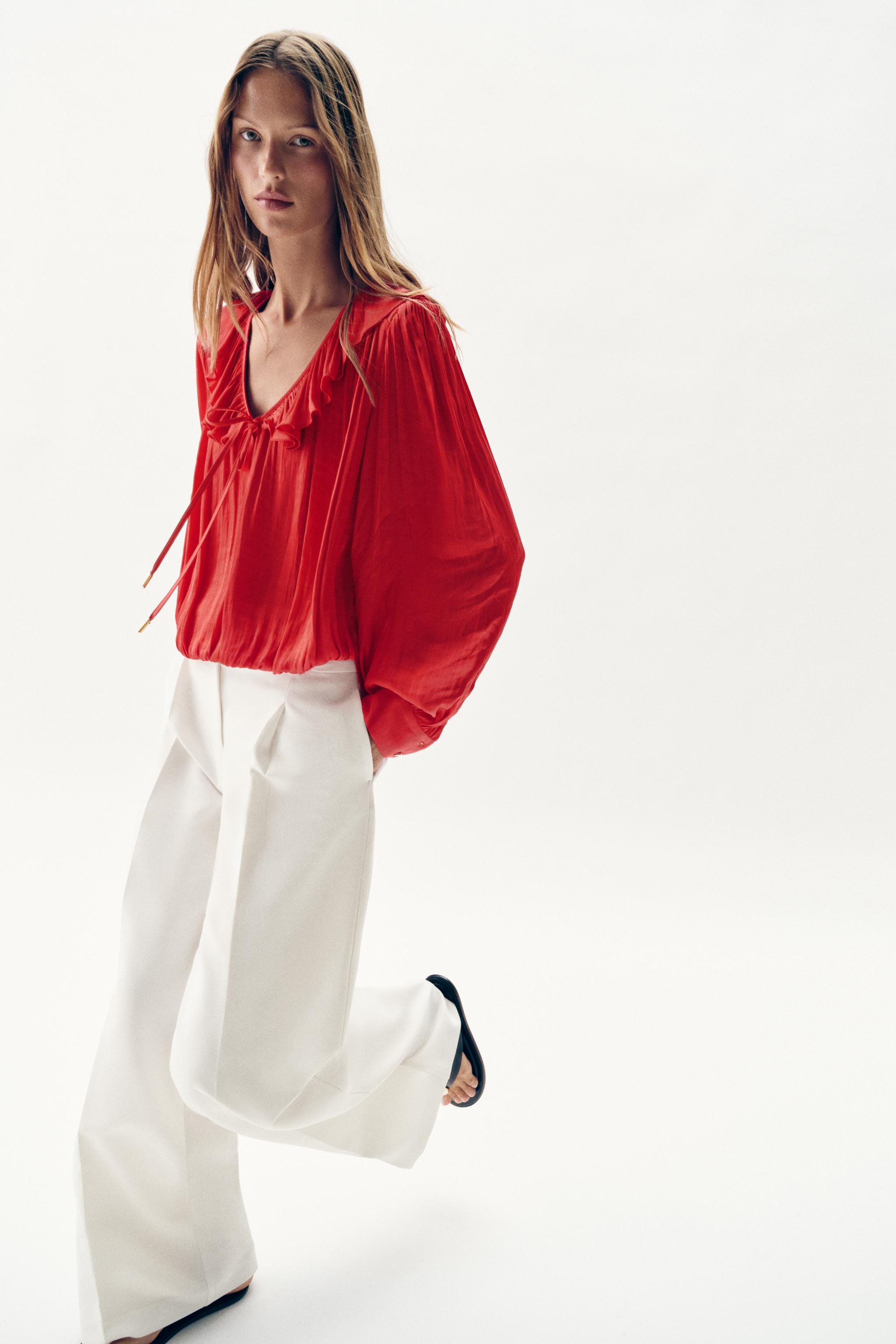 RUFFLED SATIN EFFECT BLOUSE WITH SHOULDER PADS | Zara US