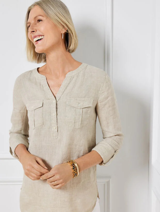 Linen Band Collar Popover | Talbots