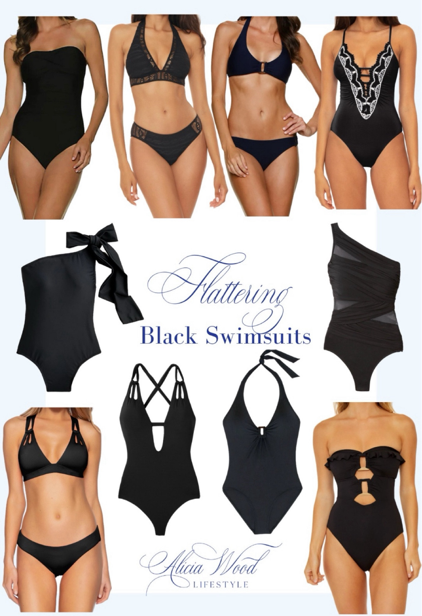 Flattering black swimsuits 

Black one piece swimsuit
Black two piece swimsuit
Black bikini 
Black bandeau swimsuit
Black halter swimsuit
Black one shoulder swimsuit 

#LTKOver40 #LTKSeasonal #LTKStyleTip