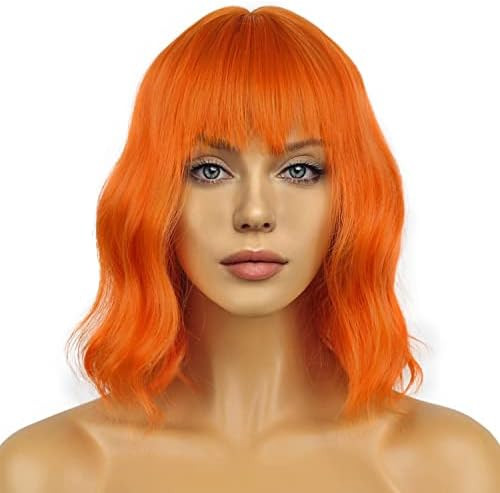 LANCAINI Short Bob Wigs with Bangs for Women Loose Wavy Orange Wig Curly Wavy Shoulder Length Bob Sy | Amazon (US)