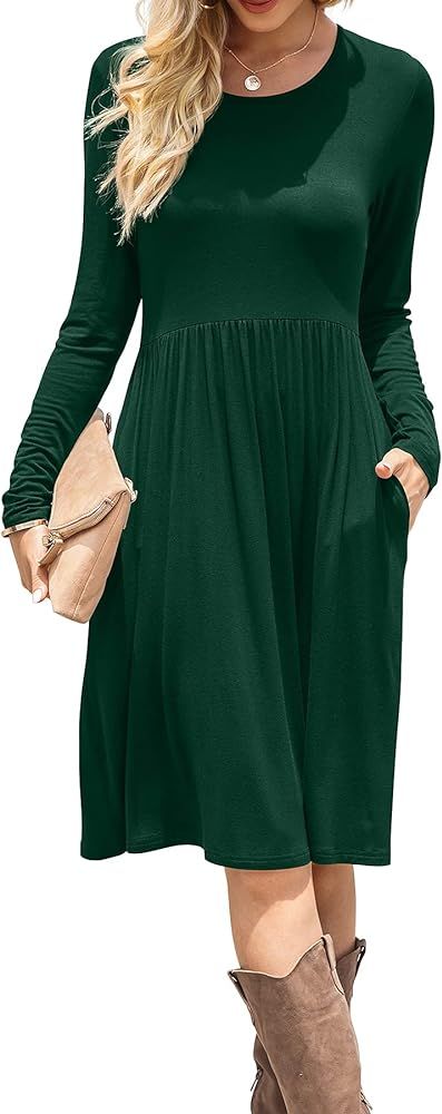 Amazon.com: DB MOON Women Casual Long Sleeve Dresses Empire Waist Loose Dress with Pockets (Dark ... | Amazon (US)