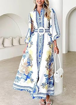 Womens Long Sleeve Button Down Lapel Shirt Dresses 2025 Elegant Floral Flowy Maxi Sundress Casual... | Amazon (US)