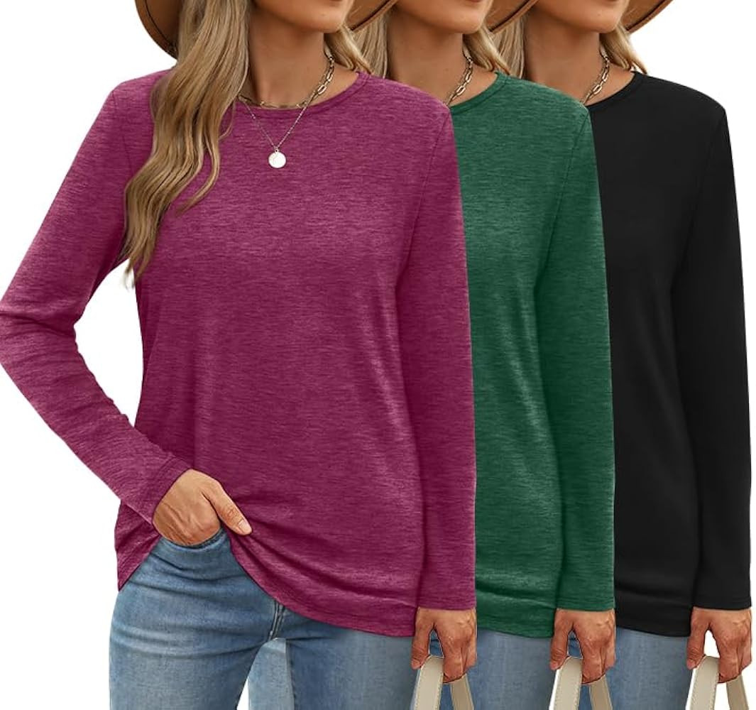 OFEEFAN Womens 3 Packs Long Sleeve Crew Neck Shirts Fall Tops Clothes Outfits 2024 Basic Tee | Amazon (US)