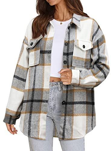 Beaully Womens Casual Plaid Shacket Flannel Button Down Long Sleeve Shirt Fall Jacket Shackets 6062 D-Brown XX-Large | Amazon (US)