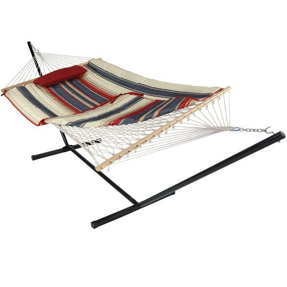 Modern Lines Rope Hammock with Quilted Pad/Pillow and Stand - Red/Blue Stripe - Sunnydaze Decor | Target