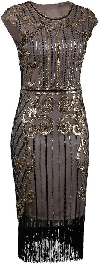 VIJIV 1920s Vintage Inspired Sequin Embellished Fringe Long Gatsby Flapper Dress | Amazon (US)