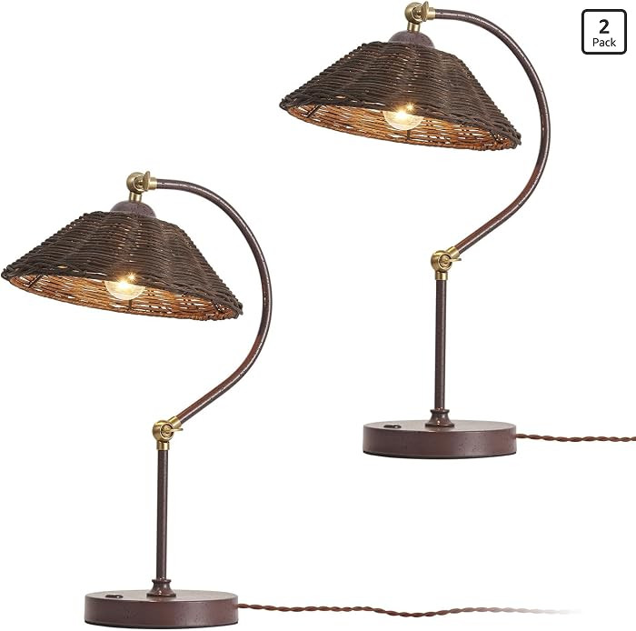 Touch Control Hand Woven Rattan Table Lamp Set of 2 Adjustable Swing Arm | Amazon (US)