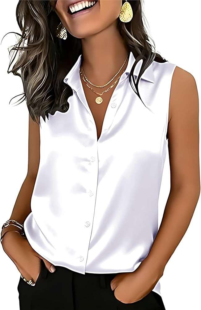 Mawor Womens Silk Satin Sleeveless Button Down Shirts Blouses Solid Casual Loose V Neck Classic T... | Amazon (US)