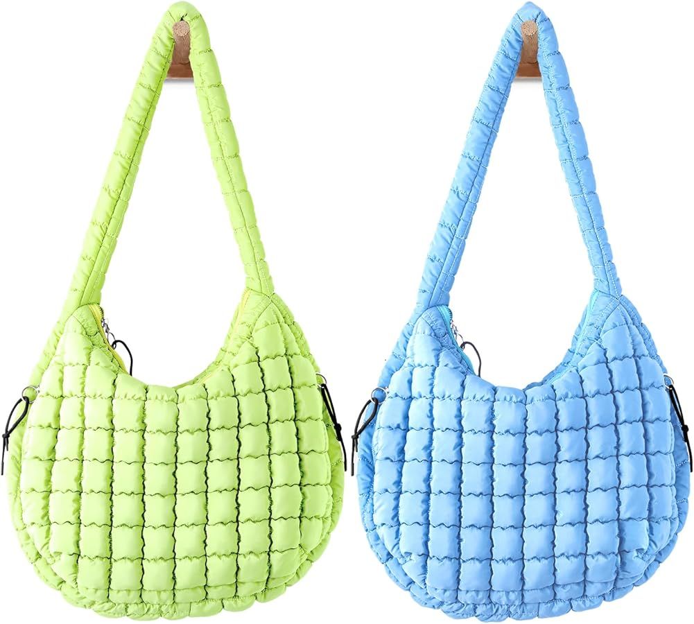 Puffer Tote Bag for Women Large Quilted Tote Bag Green+Blue | Amazon (US)