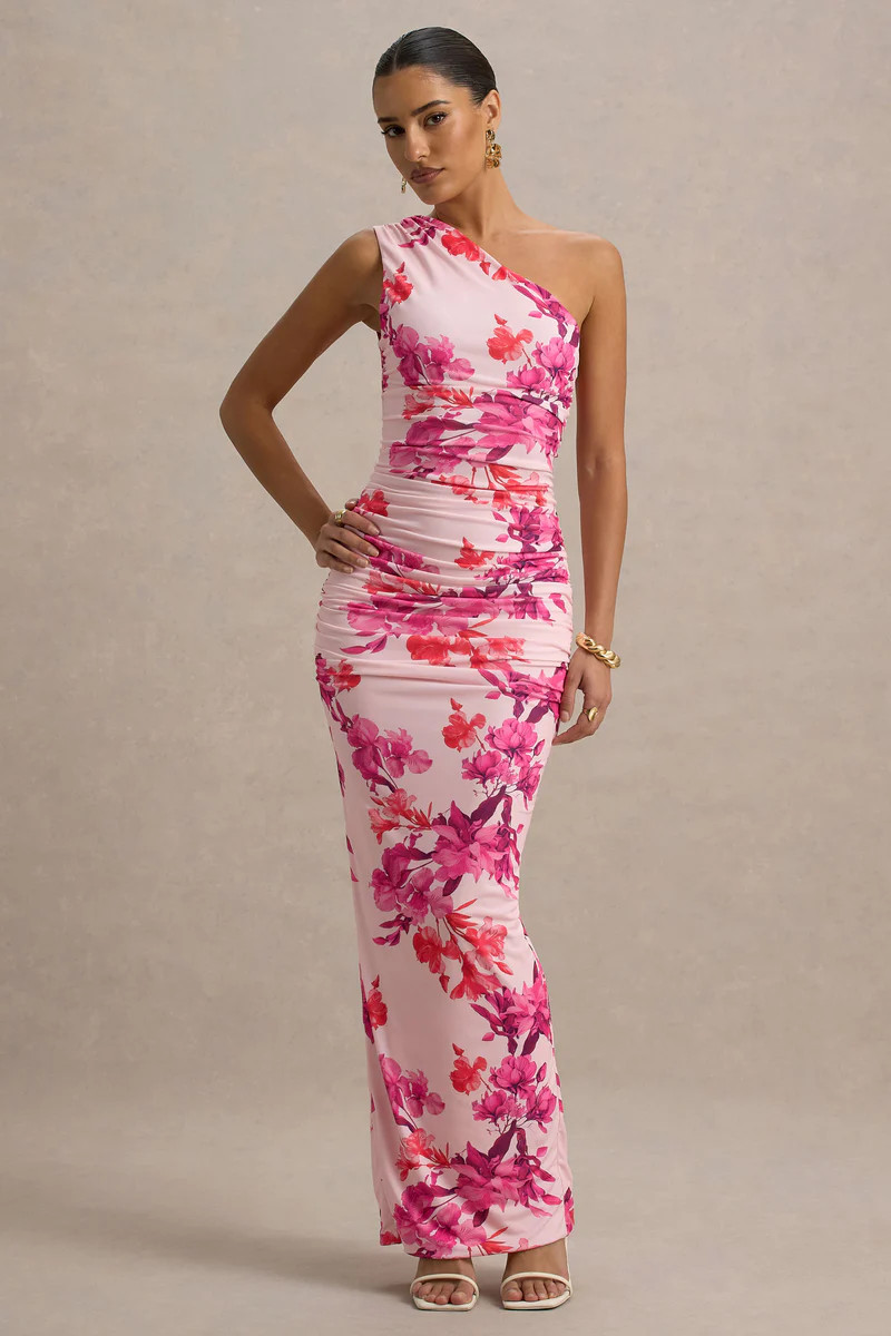 Dalarie | Pink and Orange Floral Print One-Shoulder Gathered Maxi Dress | Club L London