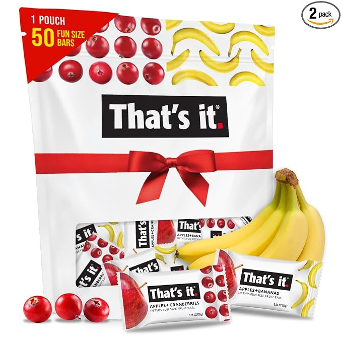 That’s it. Fun Size Fruit Bars Variety Pack (50 Pieces, 10g Each), Non-GMO, Kosher, Gluten Free, Breakfast Snacks, Allergy Friendly (Cranberry-Banana) | Amazon (US)