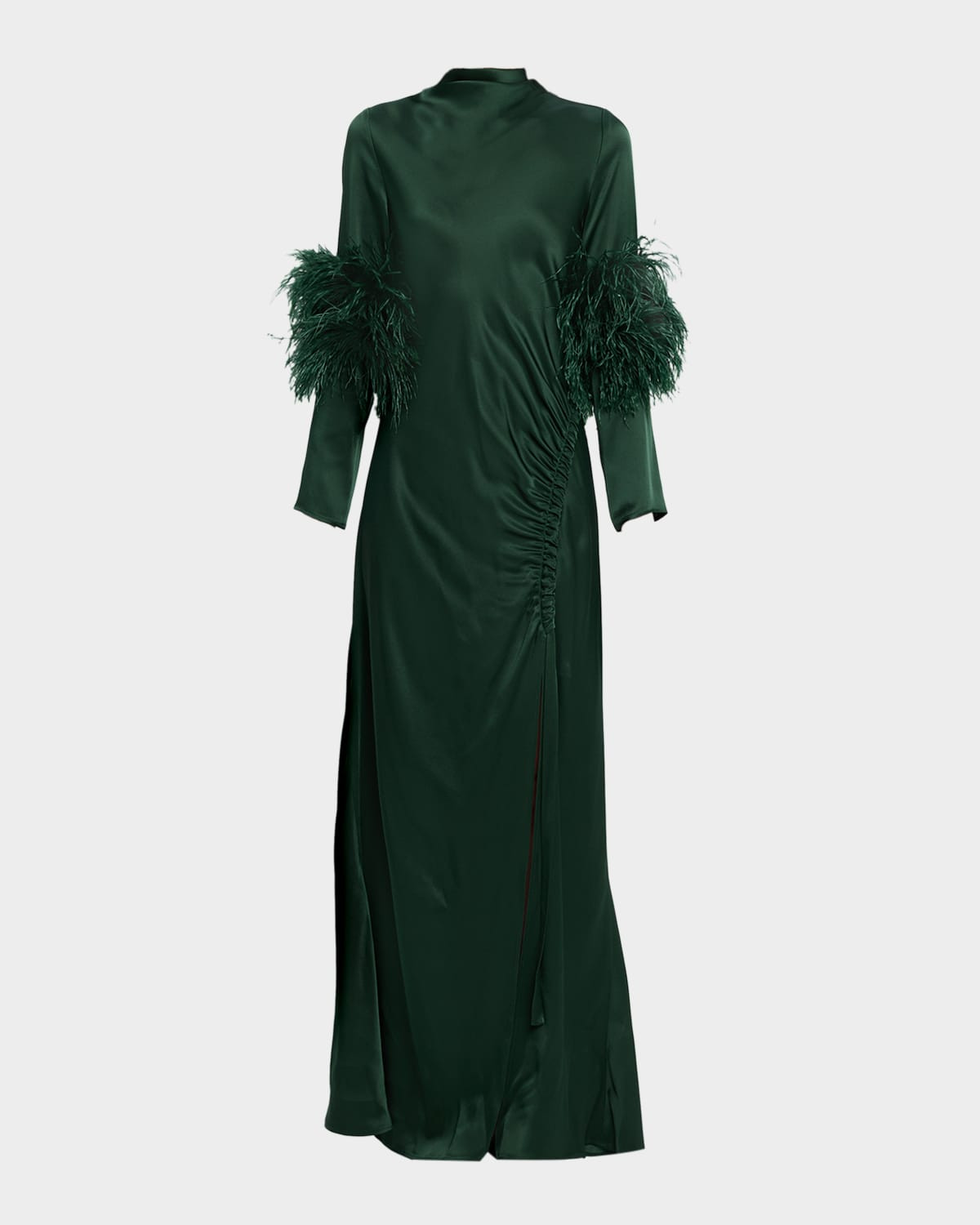 Feather-Trim Long-Sleeve Satin Maxi Dress | Neiman Marcus