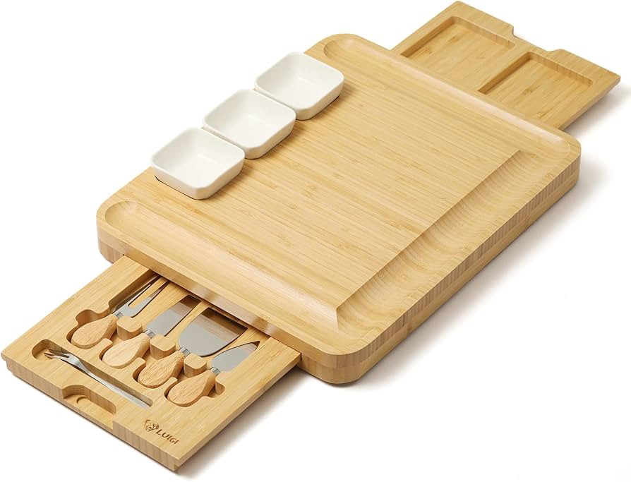 LUIGI HOUSE Cheese Board Set – Large bamboo charcuterie set includes board, knives, and ramekin... | Amazon (US)