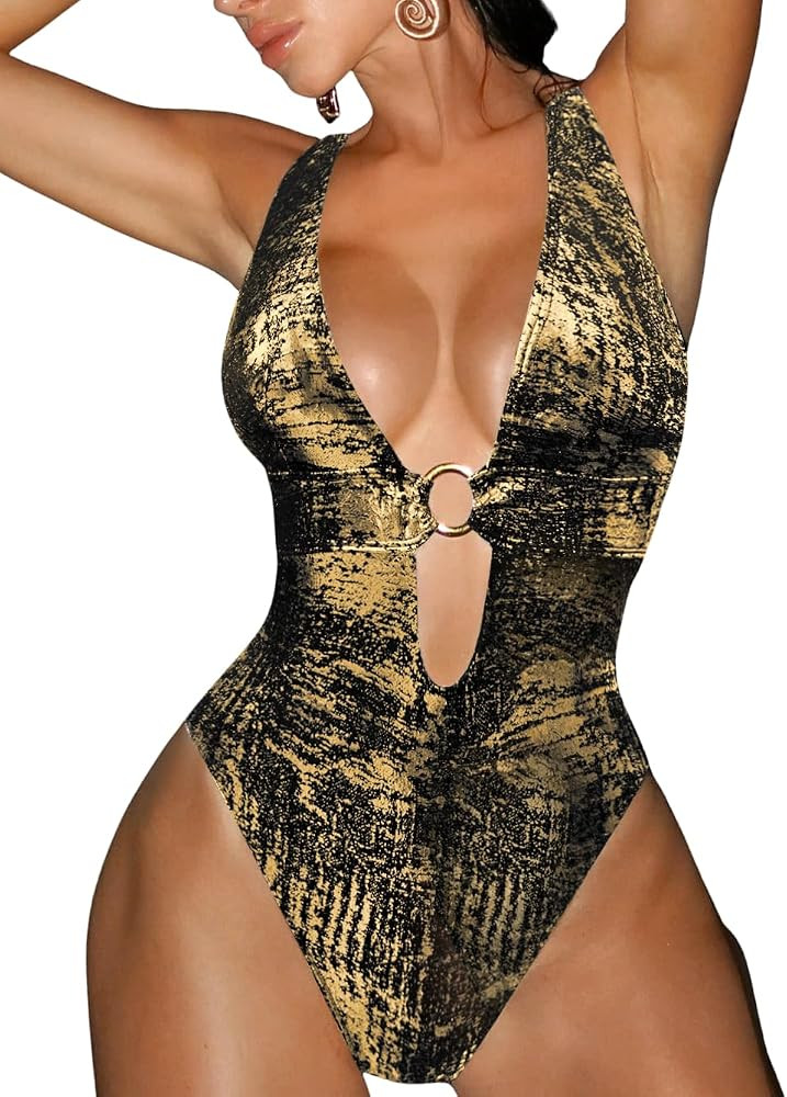Women's Metallic One Piece Swimsuit Sexy Plunge Cutout Bodysuit Festival Rave Outfits | Amazon (US)