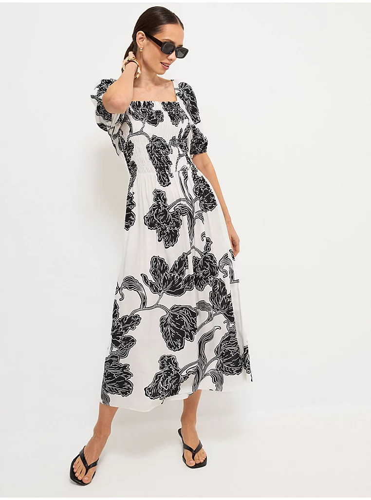 White Paisley Puff Sleeve Shirred Midi Dress | George