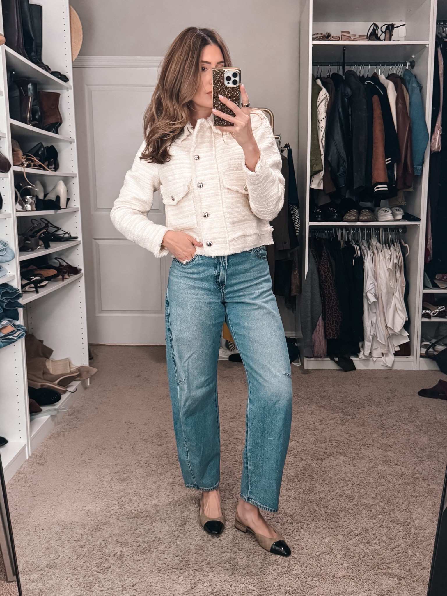Medium in jacket, 26 in jeans 