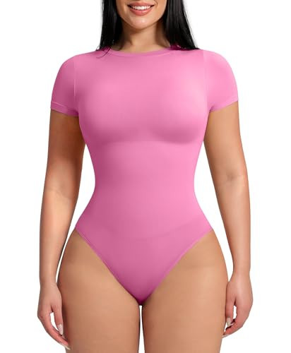 FeelinGirl Shapewear Bodysuit Fashion Short Sleeve Bodysuits Body Suit Tummy Control Tops Plus Size Hot Pink X-Large-XX-Large | Amazon (US)