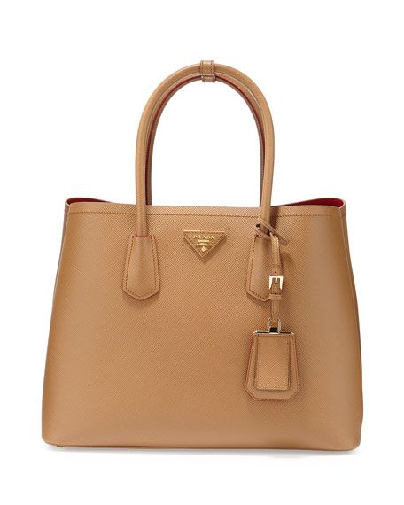 Saffiano Cuir Double Medium Tote Bag, Caramel/Red (Caramel+Fuoco) | Neiman Marcus