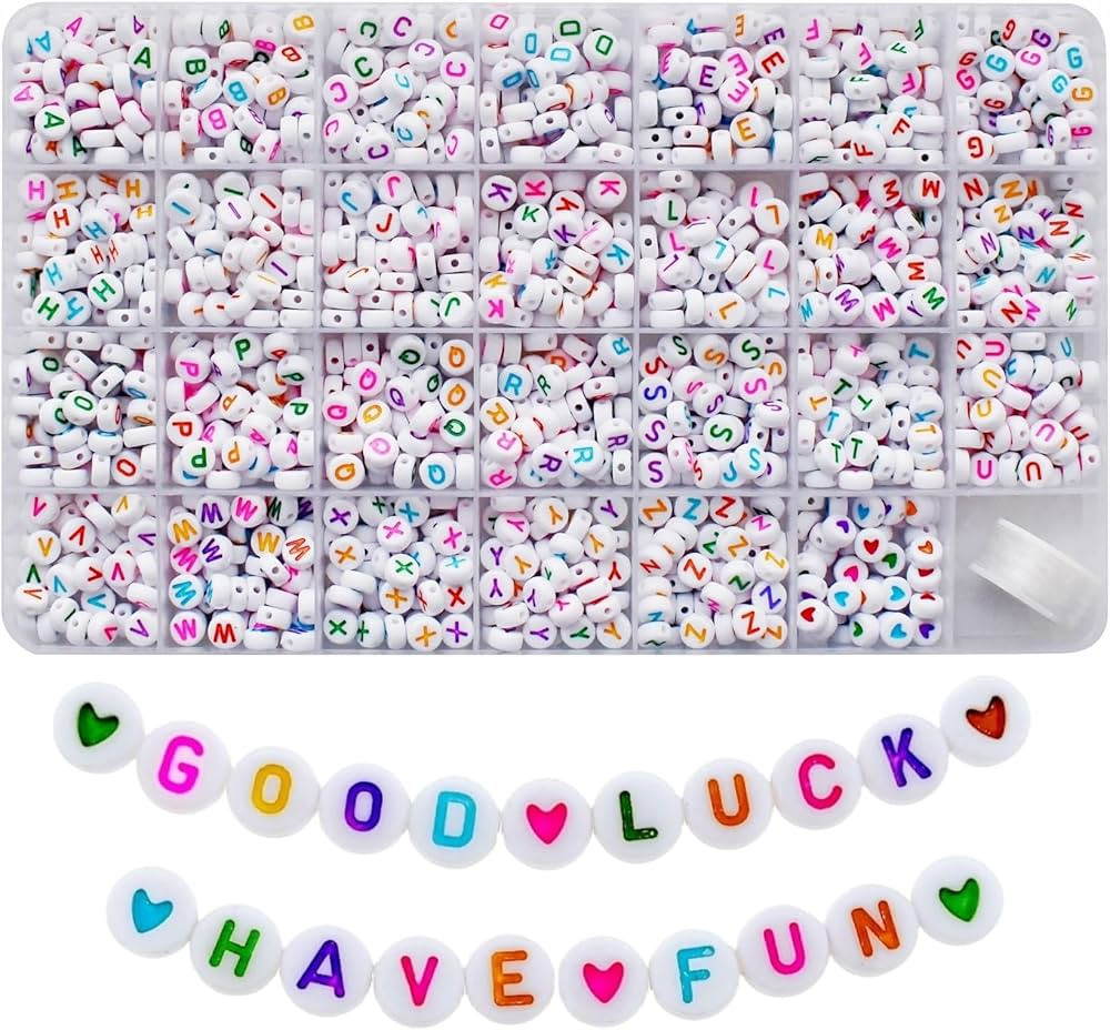 Amaney 1400 Pieces 4x7mm Alphabet Beads White Round Acrylic Colorful Letter Beads A-Z Heart Patte... | Amazon (US)