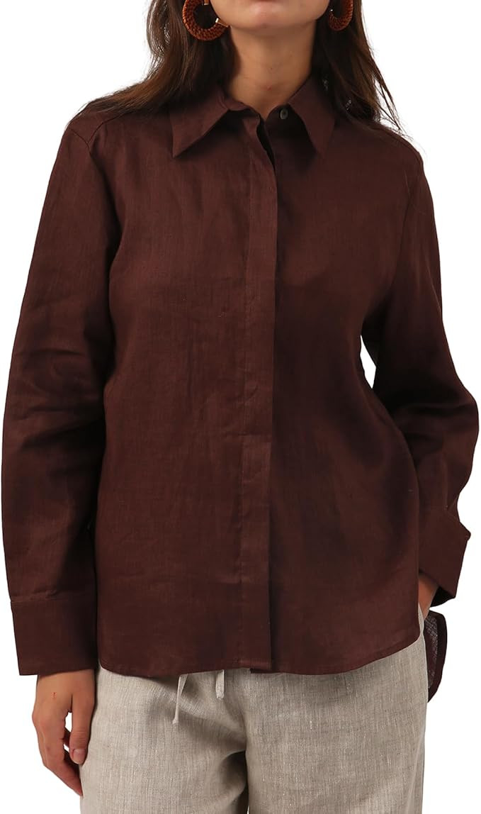 Amazhiyu Women' s Pure Linen Button Down Shirt Classic Long Sleeve Collared Tops | Amazon (US)