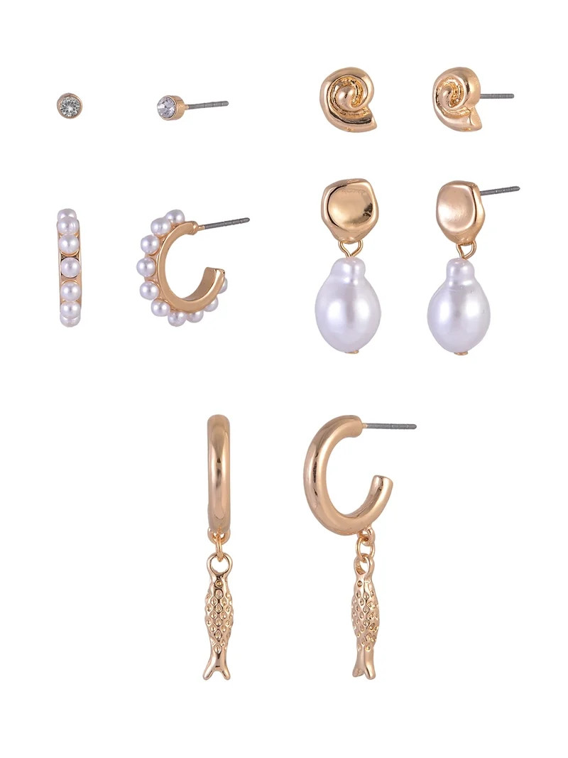 Time and Tru Goldtonev5-On Acrylic Pearl Metal Fish Drop Stacker Earring Set | Walmart (US)