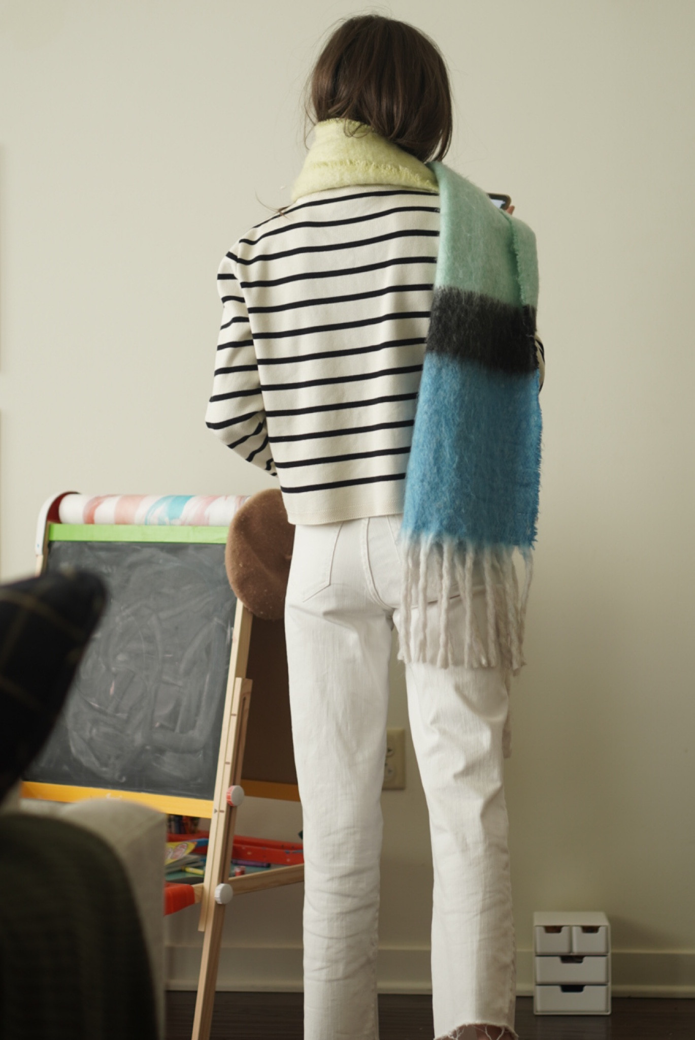 Cozy winter mom outfit. Large blanket scarf with block colors, raw hem wide leg white jeans and stripped cardigan #momoutfit #winterfashion #

#LTKSeasonal #LTKstyletip #LTKfamily