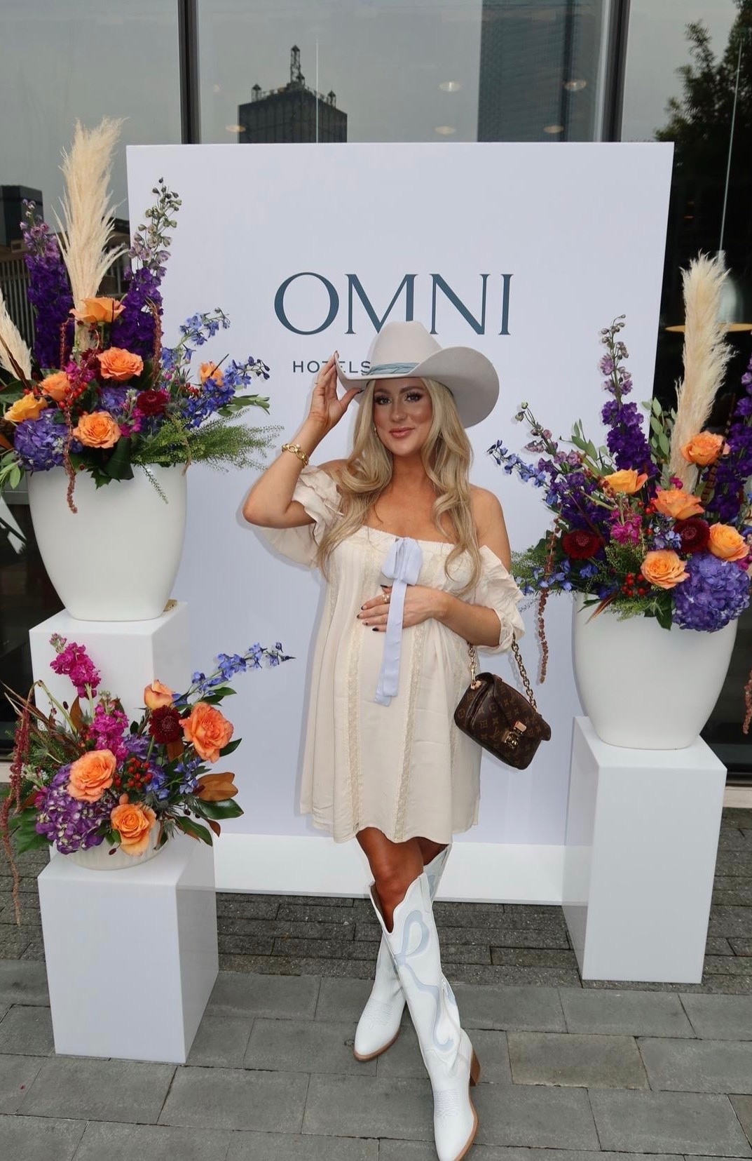 Wore this to a graduation party too with these blue heels, Country concert look, baby shower outfit, casual summer dress, flowy dress, maternity style, pregnancy look, postpartum mom, western style, cowboy boots

#LTKmomlife #LTKootd