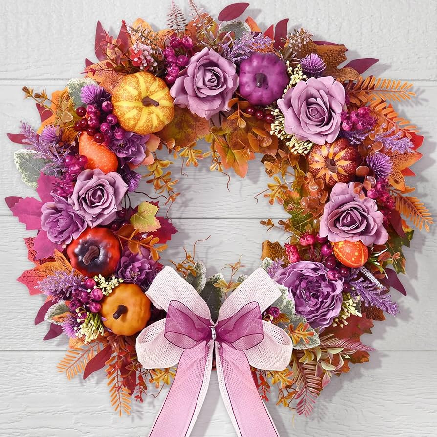 Fall Decor - 2024 Fall Wreaths for Front Door Outside with Blooming Silk Rose, Lifelike Fall Pump... | Amazon (US)