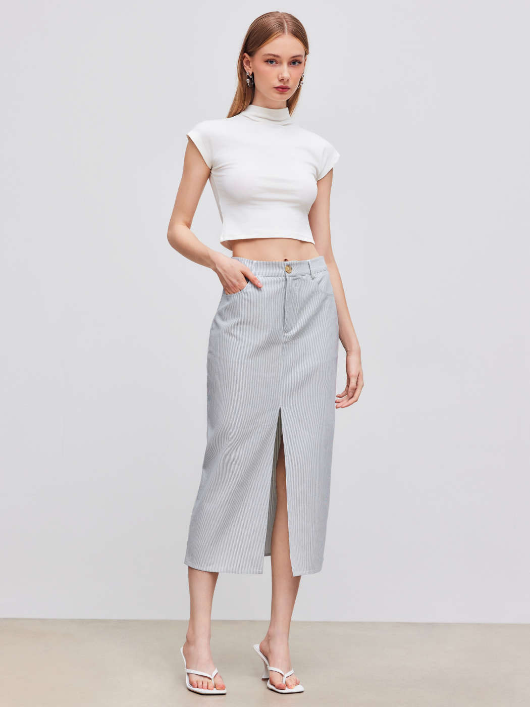 Cotton-blend Mid Rise Striped Split Maxi Skirt | Cider