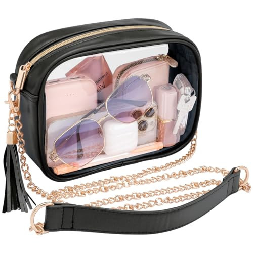 PACKISM Stylish Clear Crossbody Bag - Clear Purse Stadium Approved for Women, Fashionable PU Leather Design with Adjustable Chain Straps, Perfect for Sports & Concerts, Black | Amazon (US)