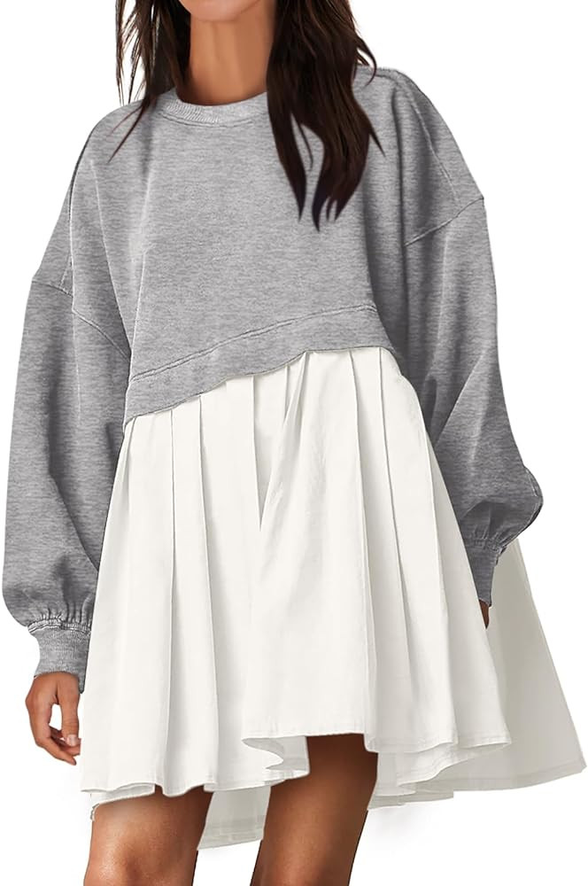 ANRABESS Women Oversized Sweatshirts Hoodie Dress Long Sleeve Crewneck Casual Baggy Patchwork Ple... | Amazon (US)