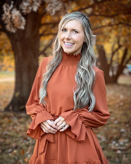 Fall outfit, thanksgiving outfit, ruffle dress, orange dress, long sleeve dress, rust dress

#LTKover40 #LTKfindsunder50 #LTKHoliday