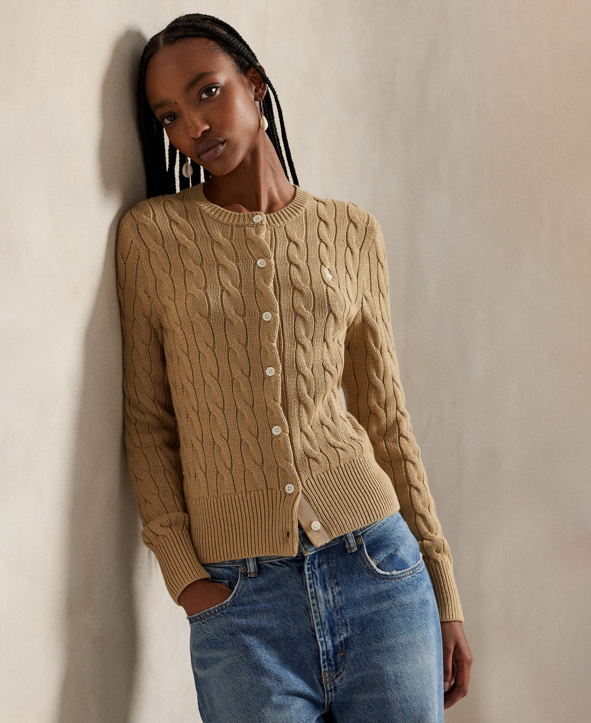 Polo Ralph Lauren Women's Cable-Knit Cotton Crewneck Cardigan Sweater - Vintage Khaki | Macy's