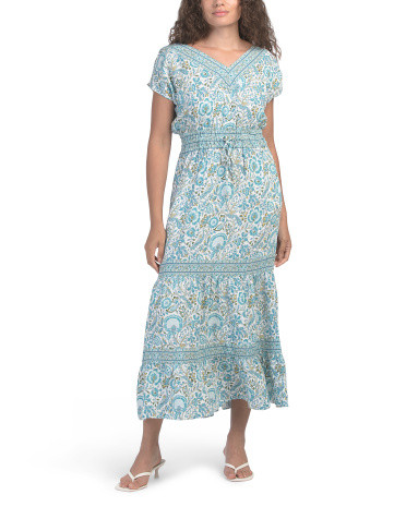 Linen Blend Fit And Flare Smocked Maxi Dress | TJ Maxx