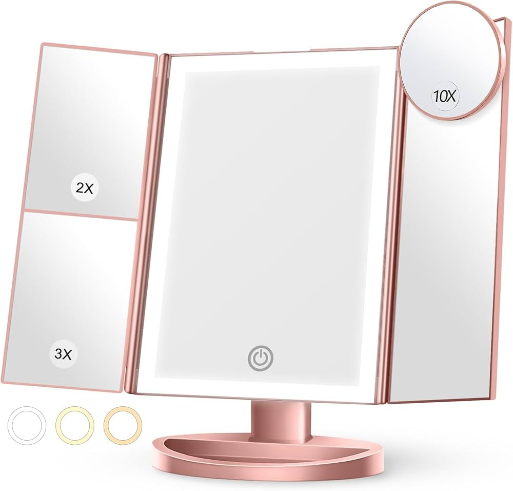 Lighted Makeup Mirror with 3 Color Lighting, Mirror with Extra Round 10X Magnifying Mirror, 72 LE... | Amazon (US)