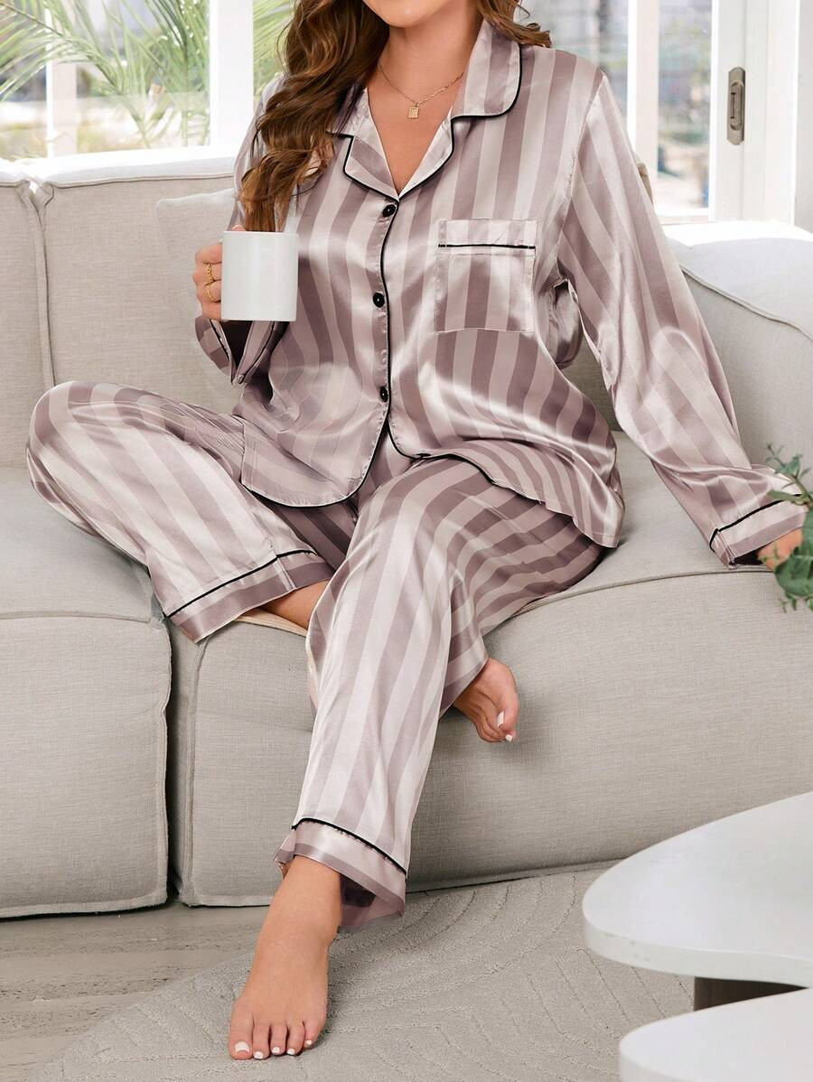 Women's Plus Size Striped Button Up Contrast Piping Top & Pants Pajama Set, Fall Clothes | SHEIN