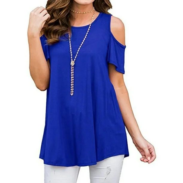 Joinnvt Women's Solid Color Short Sleeve Round Neck Off Shoulder Shirts Blouses Tops | Walmart (US)