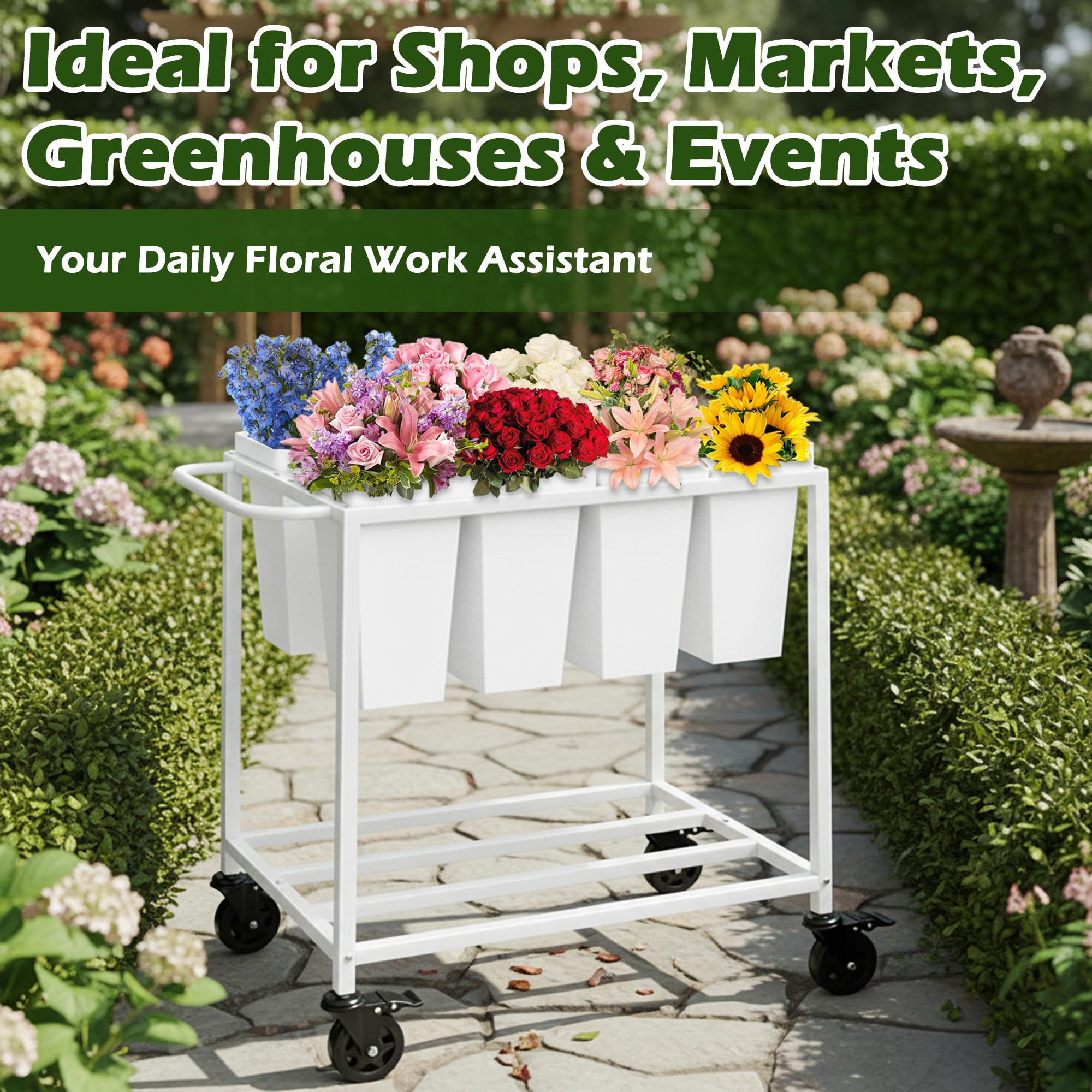 Flower Cart with 8 Buckets,Flower Cart Display Stand with Wheels,Bloom Bar,Flowers Stand for Wedd... | Amazon (US)