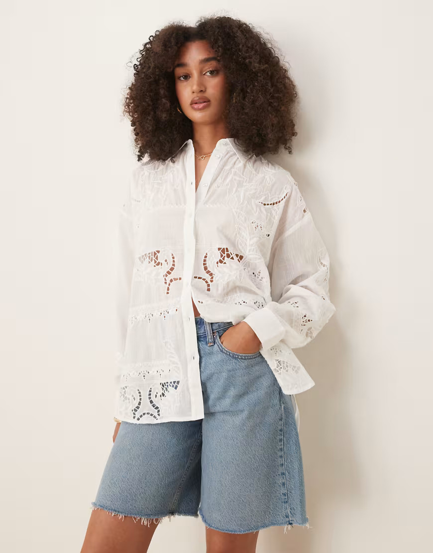 Mango long sleeve embroidered cut out detailed shirt in white | ASOS (Global)