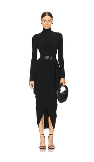 Long Sleeve Turtleneck Waterfall Dress in Black | Revolve Clothing (Global)