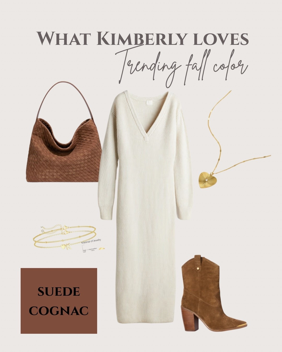Suede cognac color is trending for fall 2025 
Suede outfit
Cream dress
Suede boots
Suede Amazon purse 

#LTKOver40 #LTKStyleTip #LTKSaleAlert