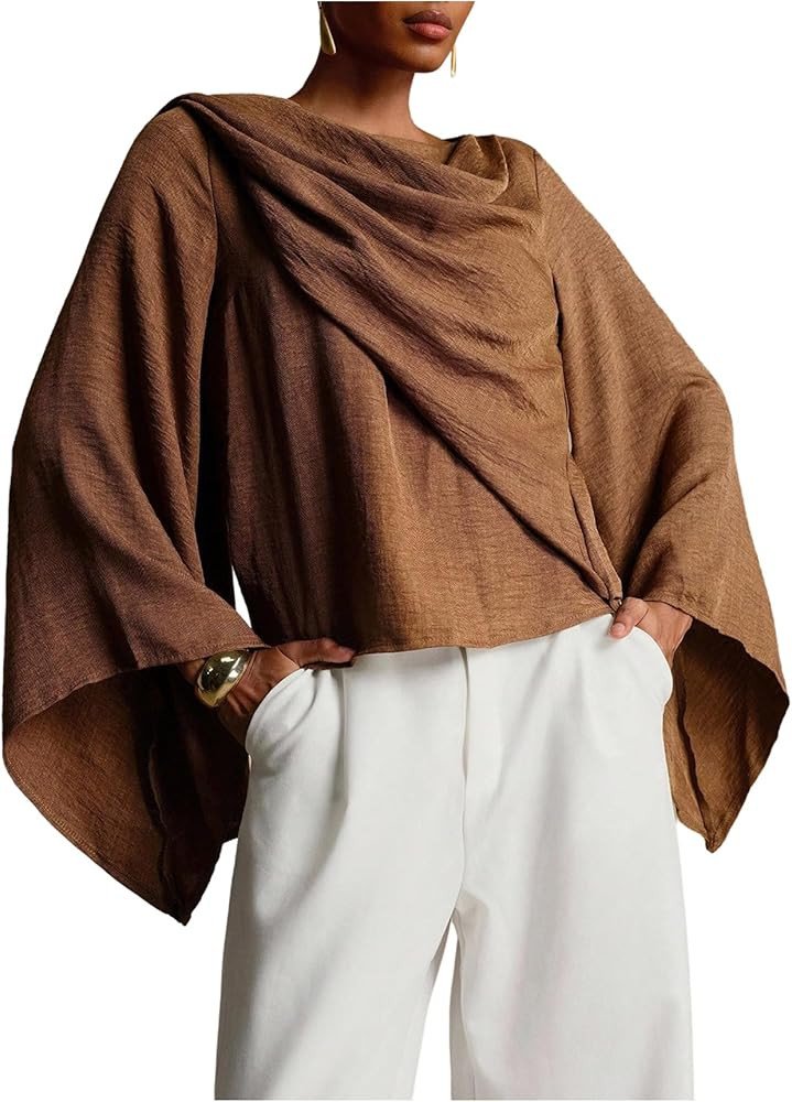 Women's Draped Tshirts Long Sleeve Cowl Neck Loose Tops Going Out Outfit | Amazon (US)