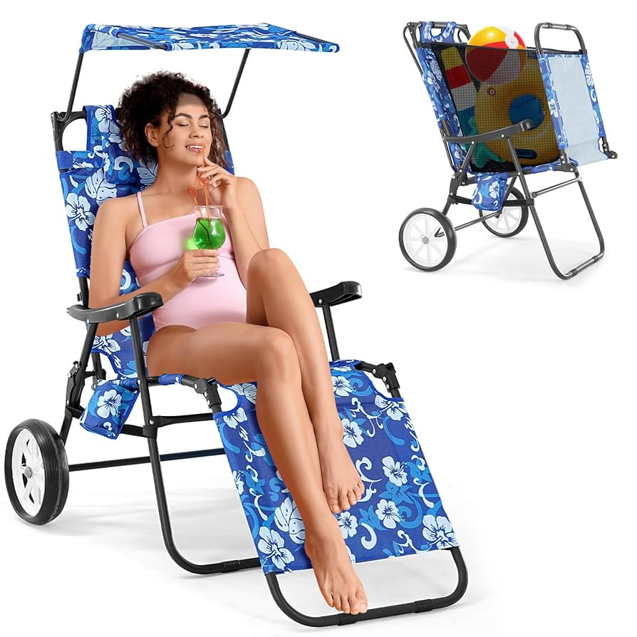 MOPHOTO 2-in-1 Beach Chair Lounger with Wheels, Folding Tanning Chair & Cargo Cart for Outdoor, Beach, Pool, Picnic, Sunbathing | Amazon (US)