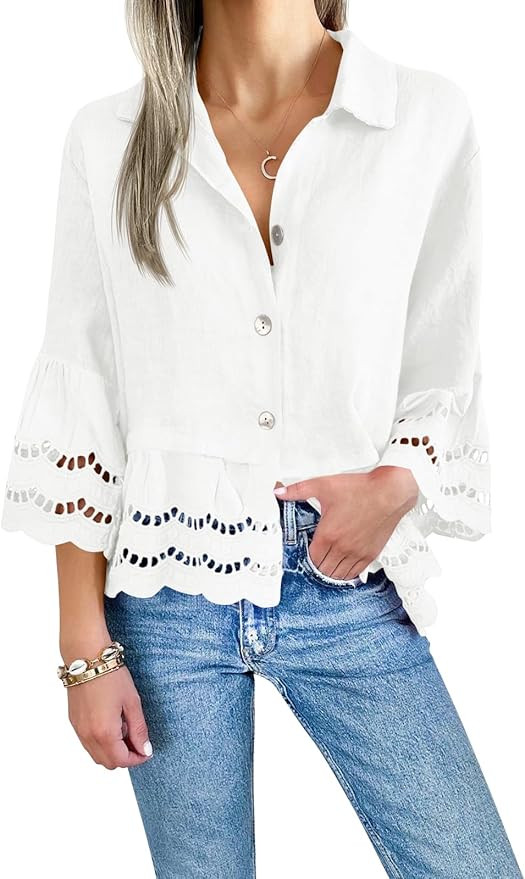 Cicy Bell Womens Casual Button Up Shirts Trendy Loose Hollow Out Ruffle Hem and 3/4 Sleeve Blouse... | Amazon (US)