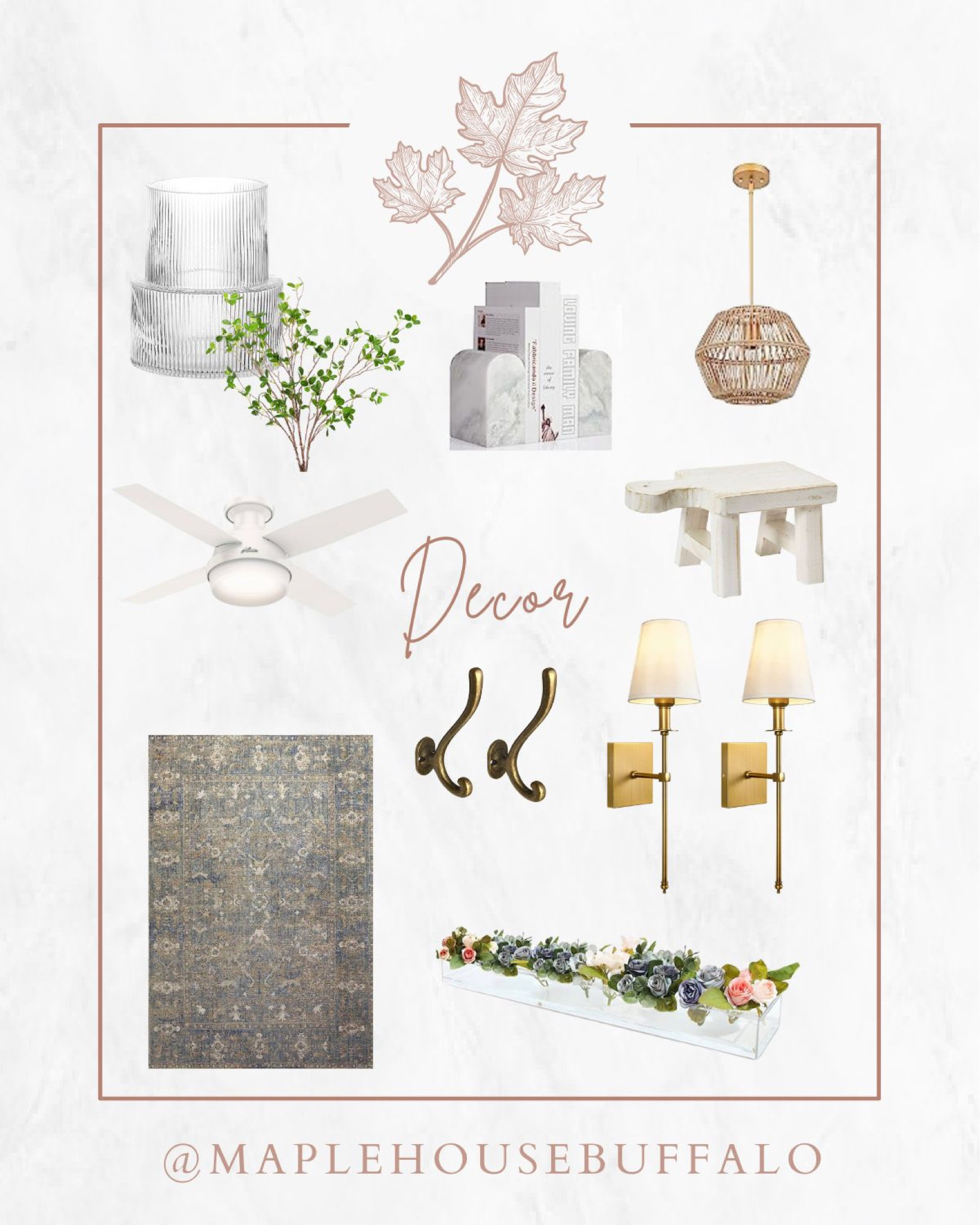 Amazon Prime Day home decor deals 
Rattan pendant light, wood riser, gold sconces, Loloi runner rug, Hunter Fan white, fluted vase, green stems, marble book ends, antique bronze hooks, clear, low vase centerpiece

#LTKxPrimeDay #LTKsalealert #LTKhome