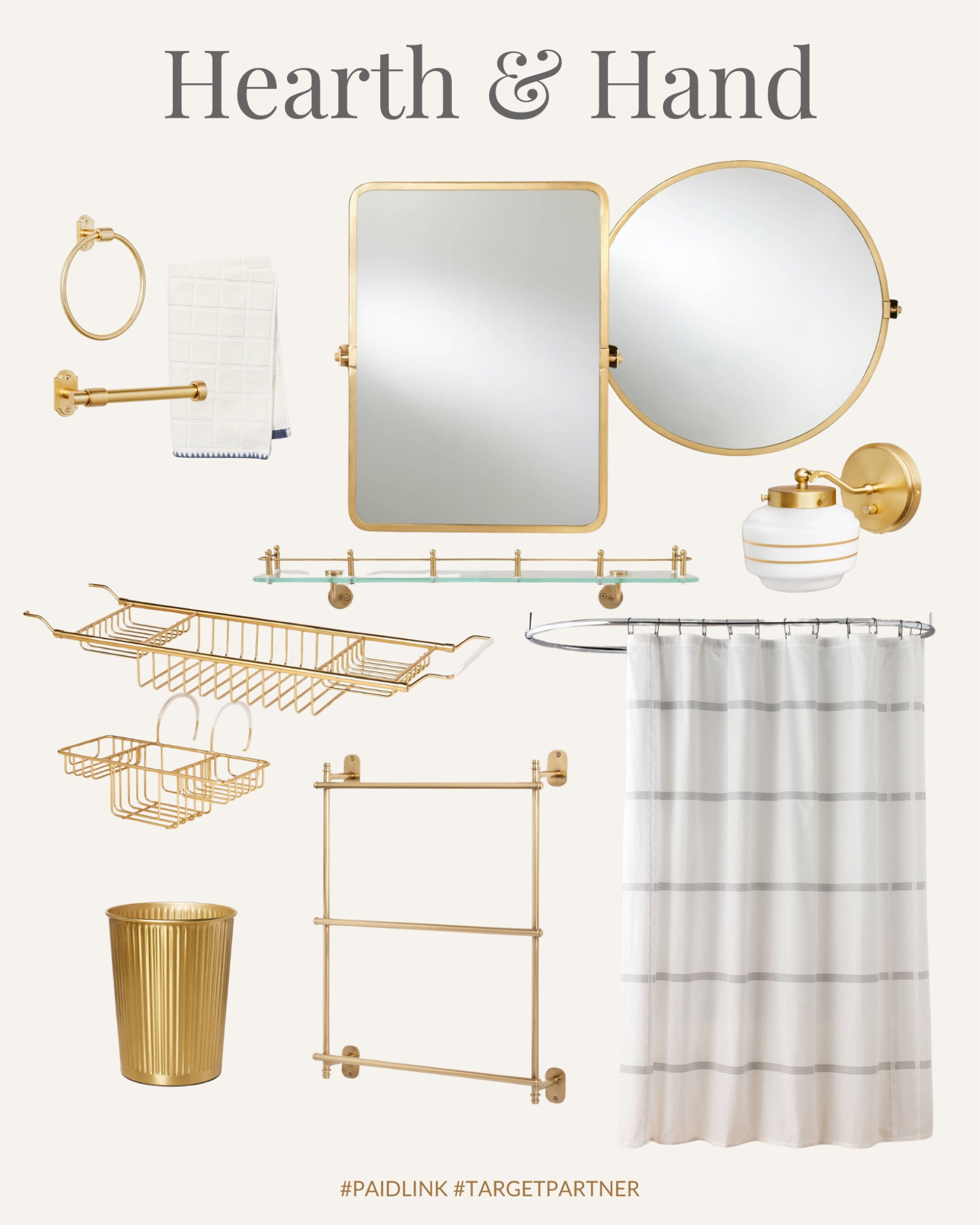 Target Hearth and Hand, wall mirror, towel ring, toilet paper holder, wastebasket, shower curtain, wall sconce, ladder towel rack, glass wall shelf, bath tub caddy

#LTKstyletip #LTKsalealert #LTKhome