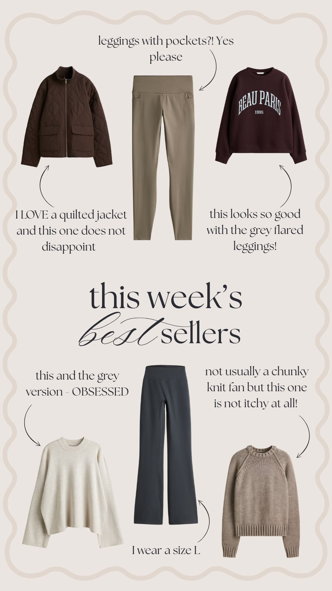 This weeks best sellers! 
Autumn outfits, H&M finds, knitwear, neutrals, flared leggings, sweatshirt, chocolate brown, comfy outfits, quilted jacket  

 #LTKuk #LTKautumn #LTKstyletip