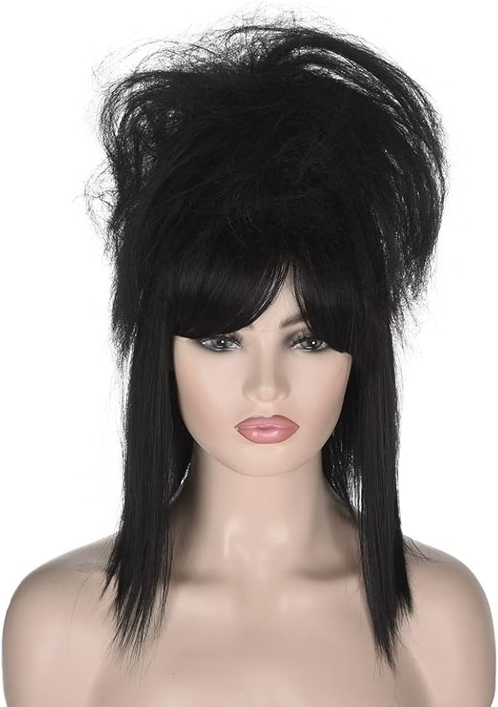 FVCENT Bride Black Wig Shaggy Layered Wig Shoulder Length Beetle Women's Wig with Hair Bangs,80S Lon | Amazon (US)