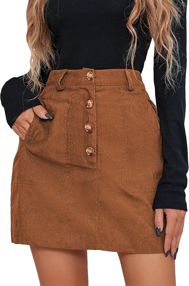 WDIRARA Women's Mid Waist Corduroy A-line Slim fit Button Casual Mini Skirt | Amazon (US)
